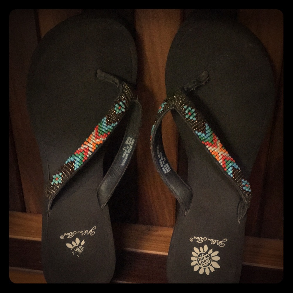 Yellow Box beaded, wedge flip flops